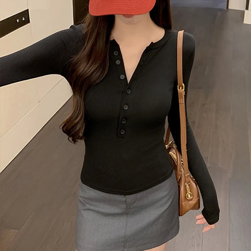 Solid Single Breasted Long Sleeve  Casual Basic T-shirt