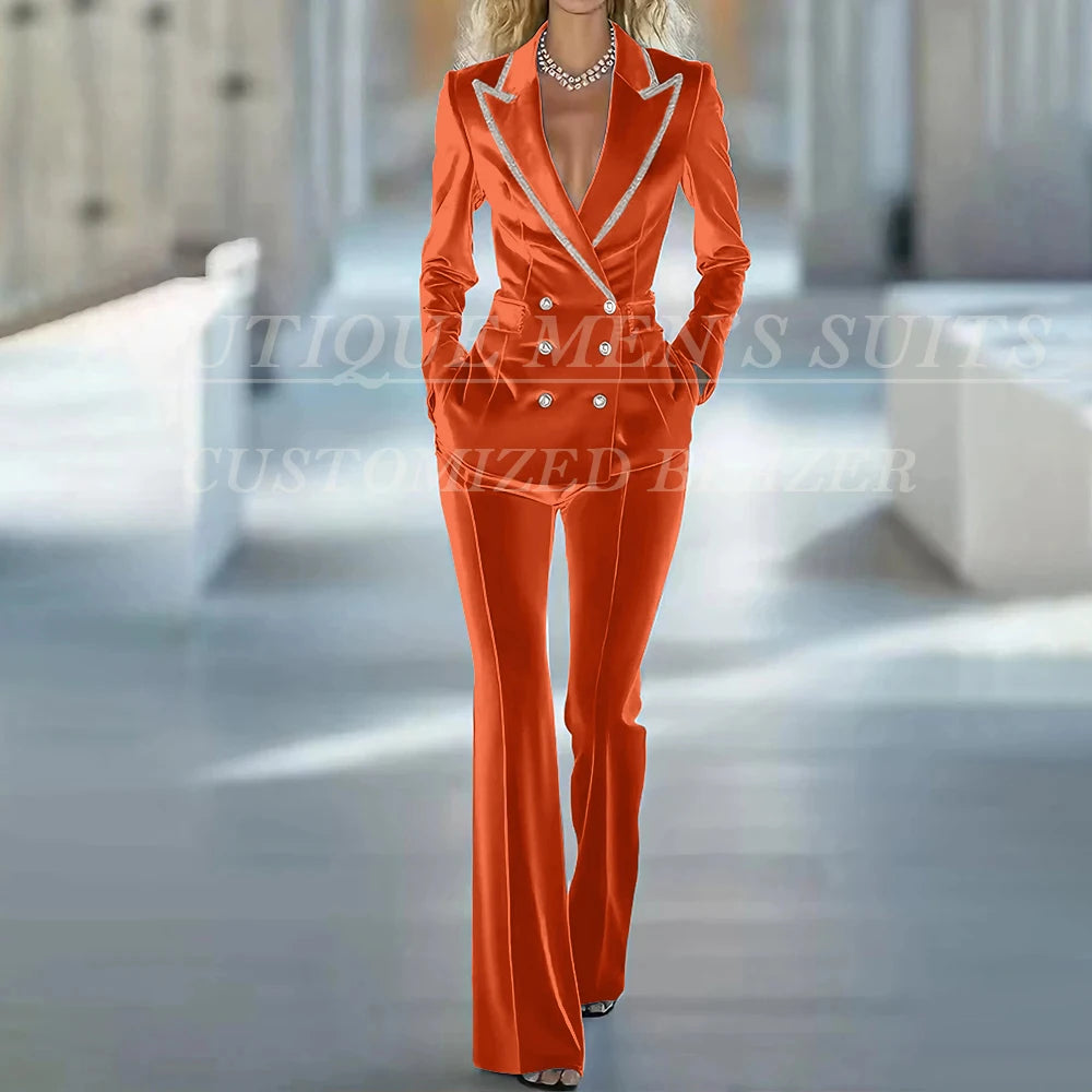 Fashion Women's Suits 2 Piece Jacket Pants Sets Elegant Double Breasted Female Velvet Clothing Office Lady Outfits Costume