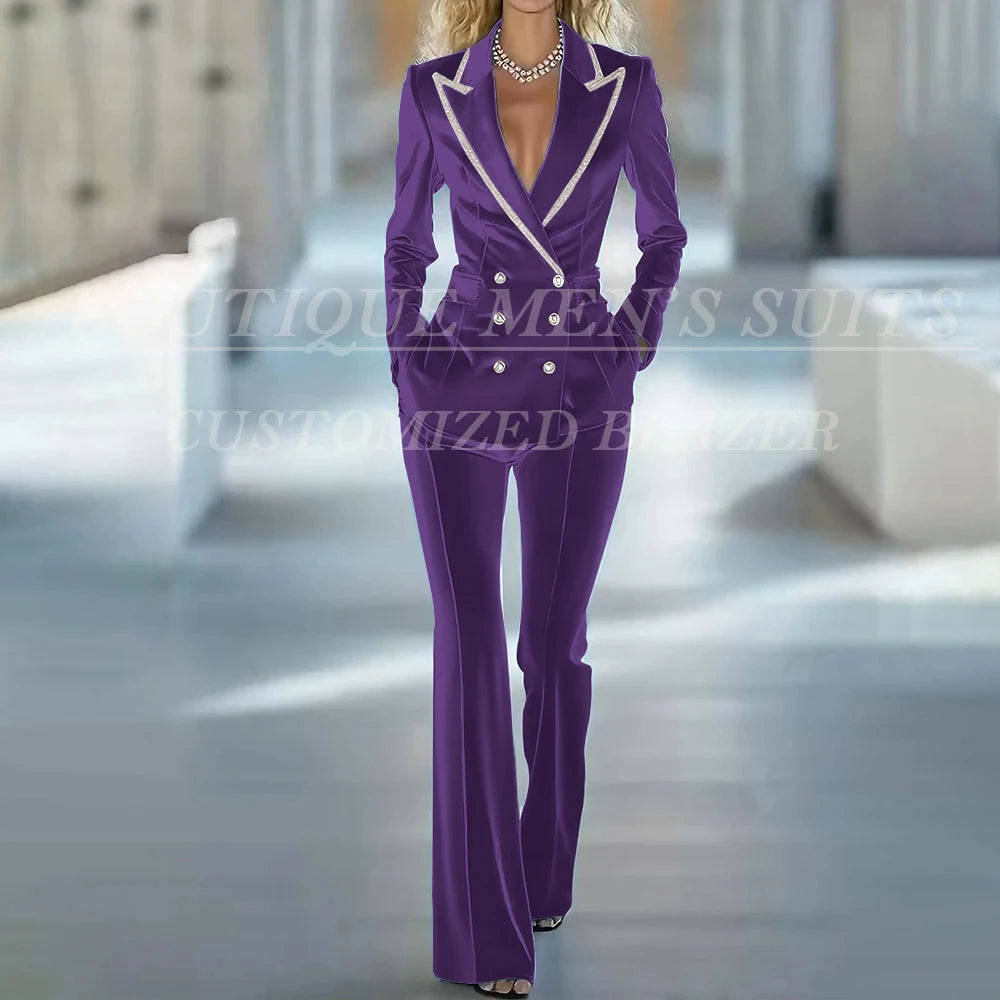 Fashion Women's Suits 2 Piece Jacket Pants Sets Elegant Double Breasted Female Velvet Clothing Office Lady Outfits Costume