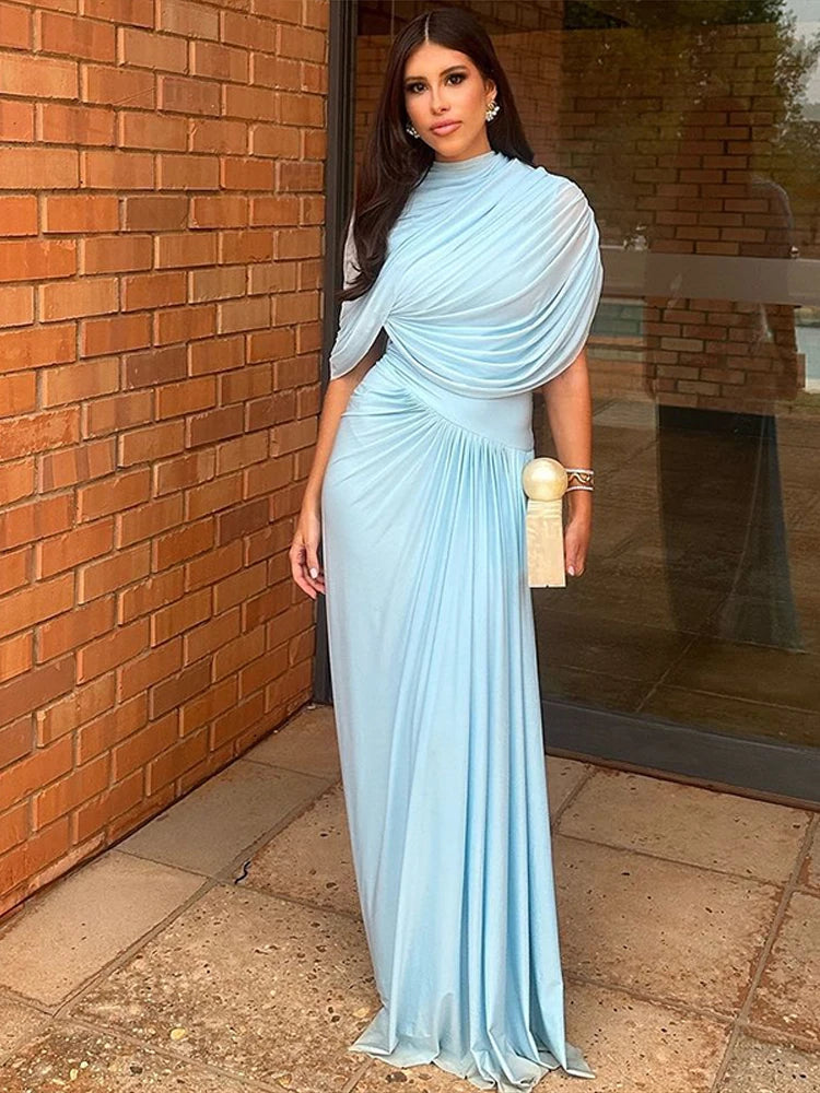 Pleated Wrapped Cape Style Layered Dress
