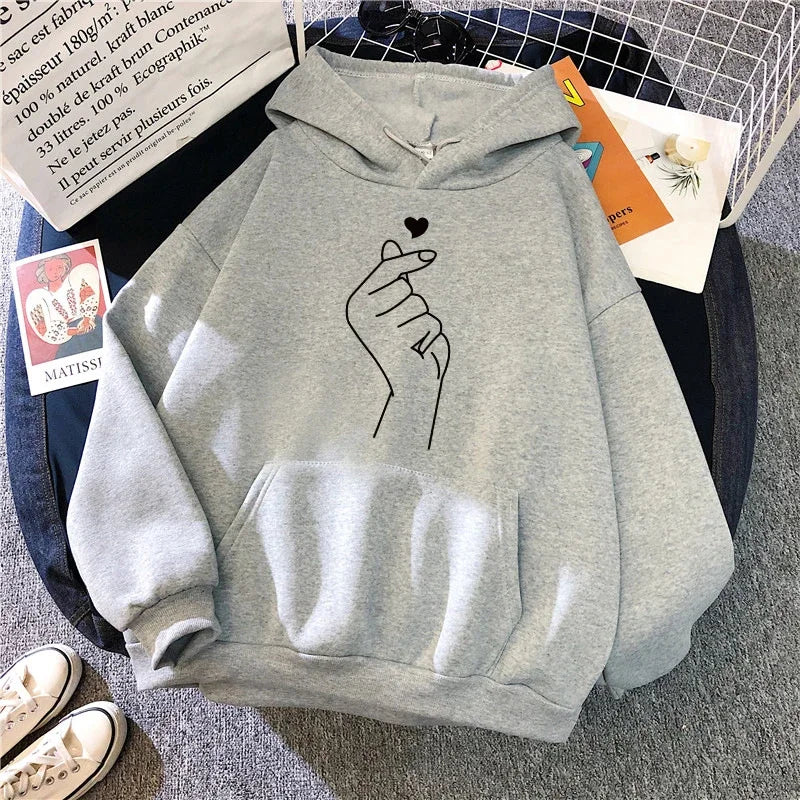 Hand Heart Printed Casual Hoodie Pullover Top