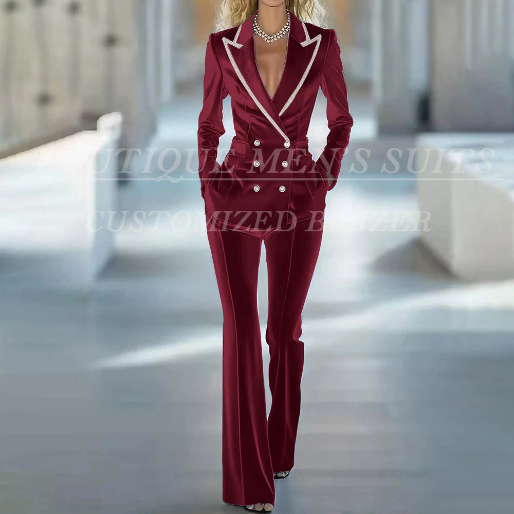 Fashion Women's Suits 2 Piece Jacket Pants Sets Elegant Double Breasted Female Velvet Clothing Office Lady Outfits Costume