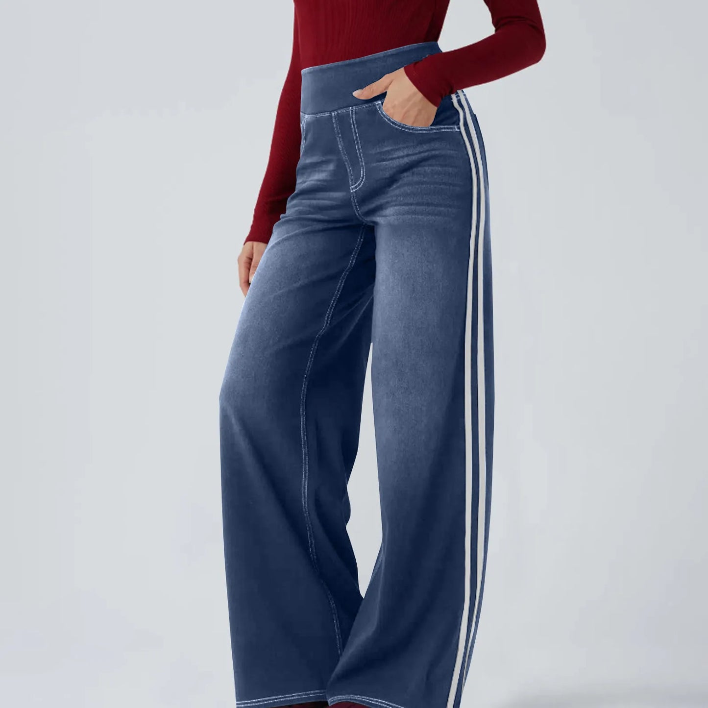 Washed Side Striped Wide-Leg Jean