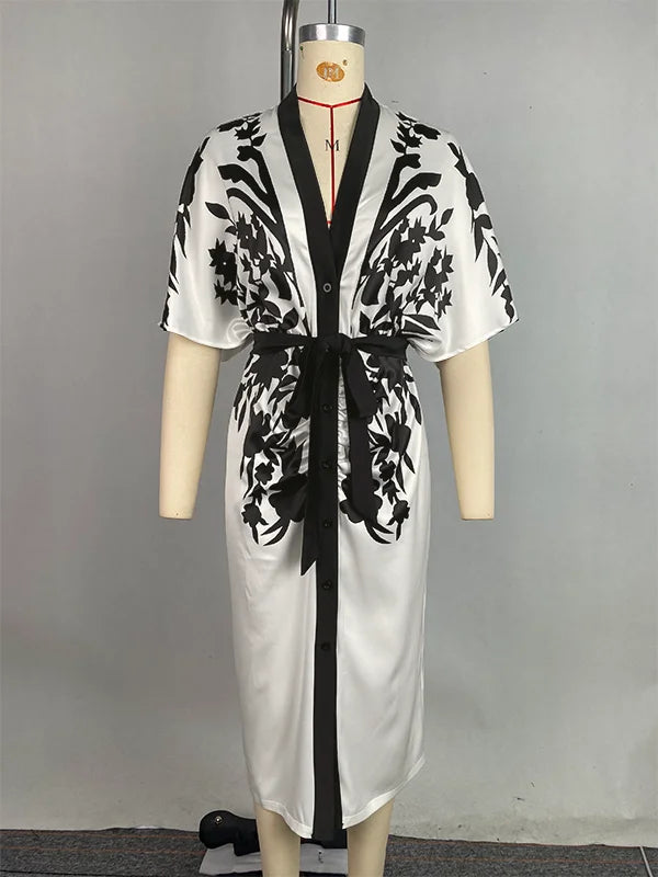 Half Sleeves Flower Printed Waist Dress