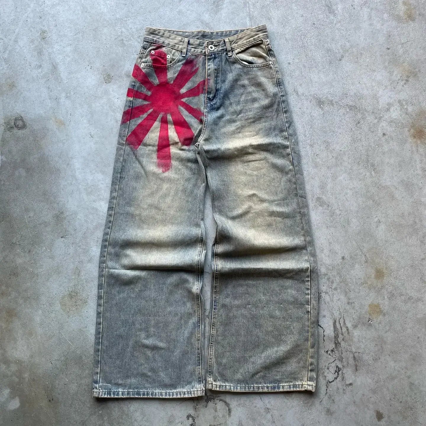 Baggy Red Print Grey Washed Unsex Wide Leg Jean