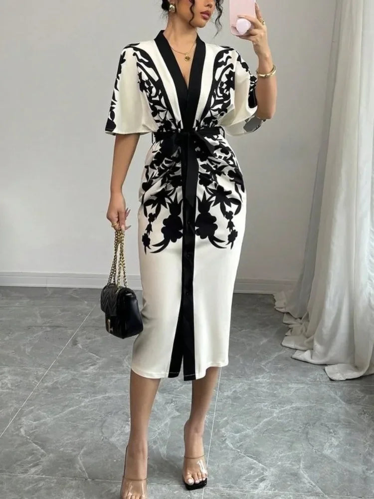 Half Sleeves Flower Printed Waist Dress