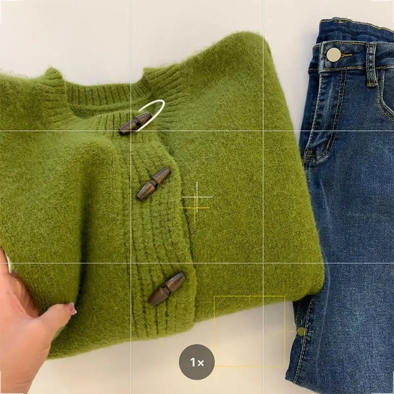 Green Horn Button Knitted Cardigan Sweater