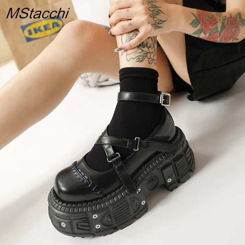 Flat Platform Rivet Buckle Strap Shoes