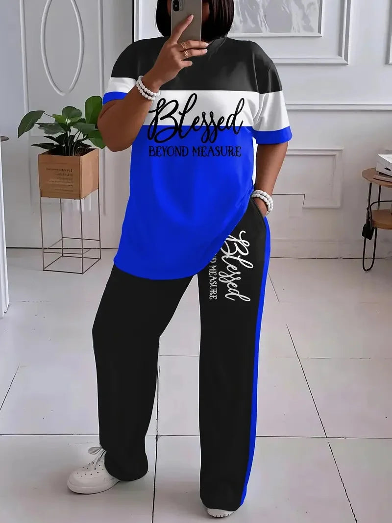 Casual Short-Sleeved Striped Printed Loose Pocket Pants Set