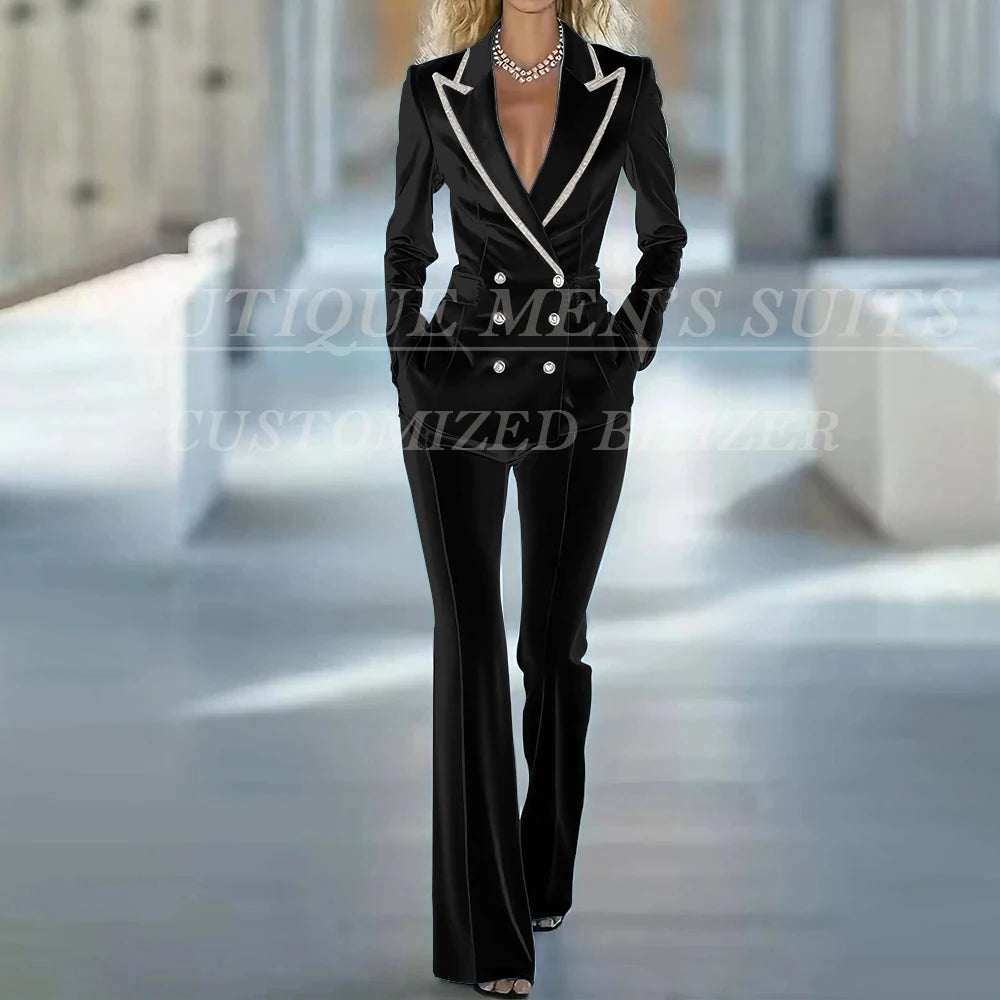Fashion Women's Suits 2 Piece Jacket Pants Sets Elegant Double Breasted Female Velvet Clothing Office Lady Outfits Costume