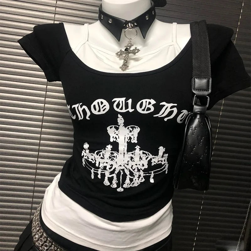 Letter Print Fake Two-piece T-shirt