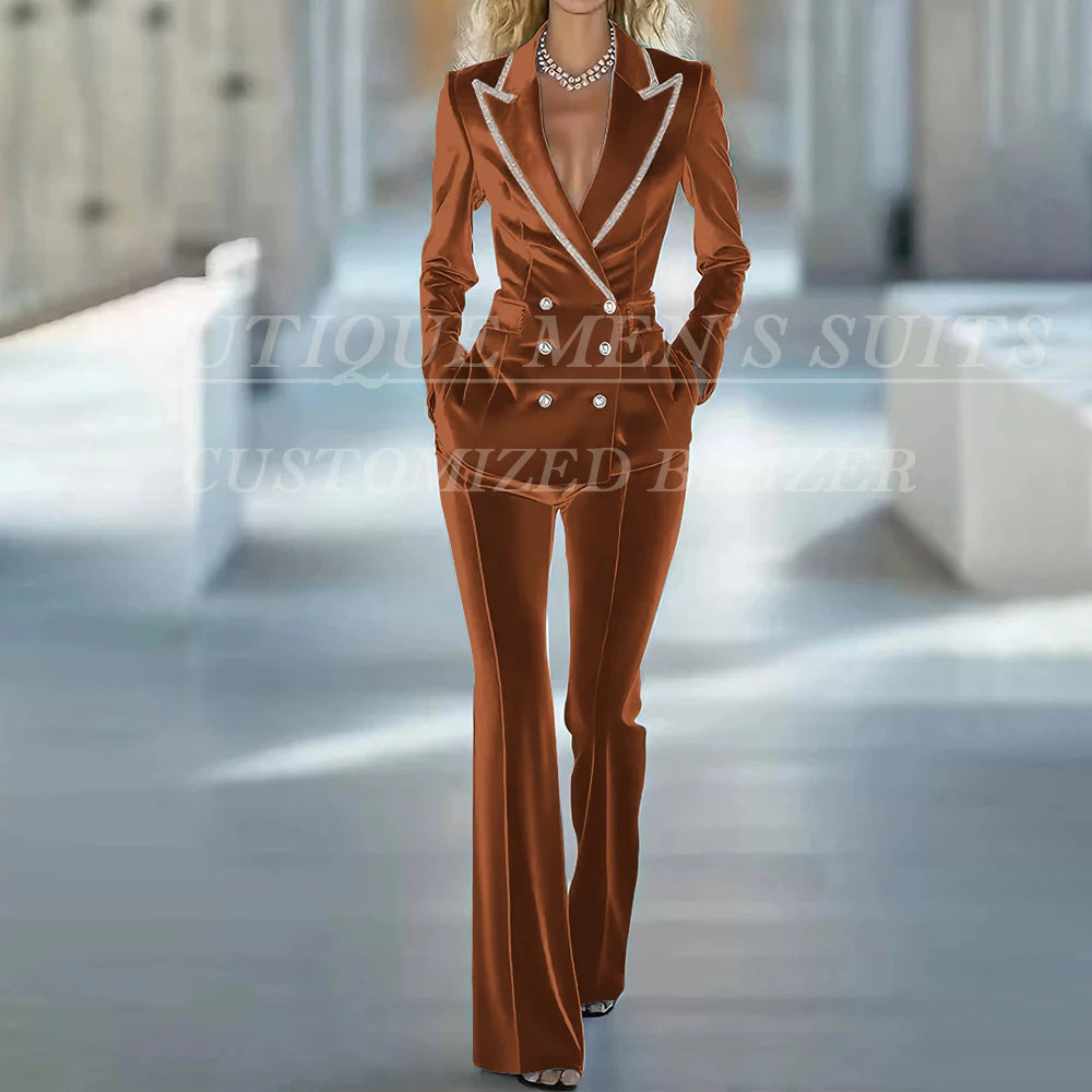 Fashion Women's Suits 2 Piece Jacket Pants Sets Elegant Double Breasted Female Velvet Clothing Office Lady Outfits Costume