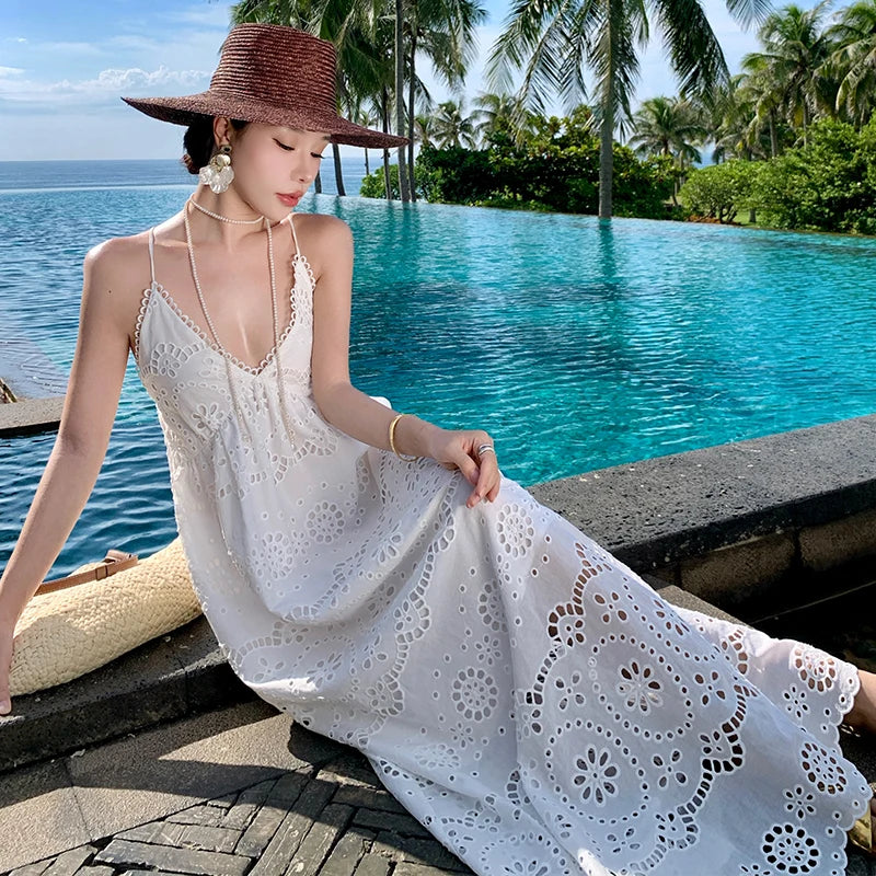 White Embroidery V-Neck Dress