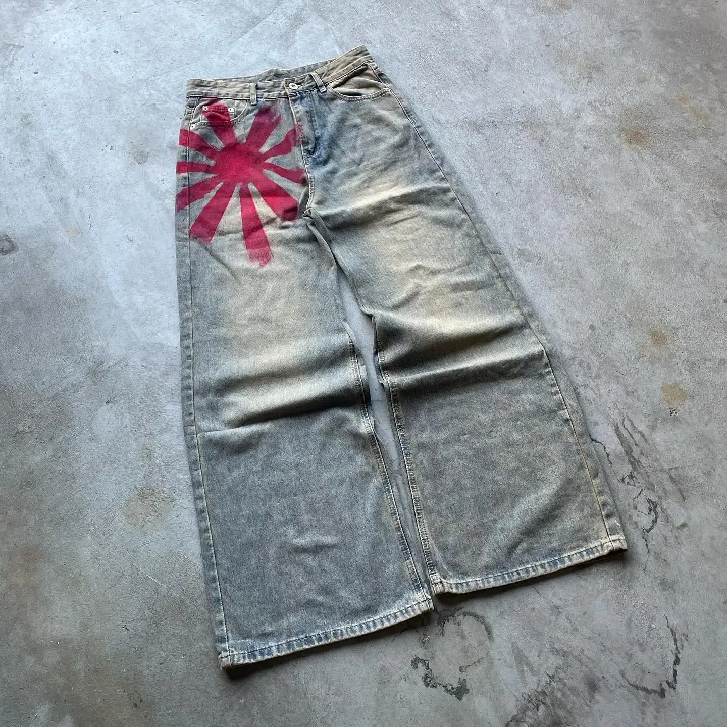 Baggy Red Print Grey Washed Unsex Wide Leg Jean