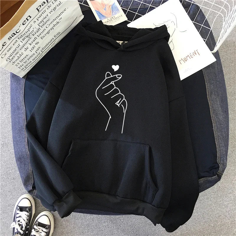 Hand Heart Printed Casual Hoodie Pullover Top