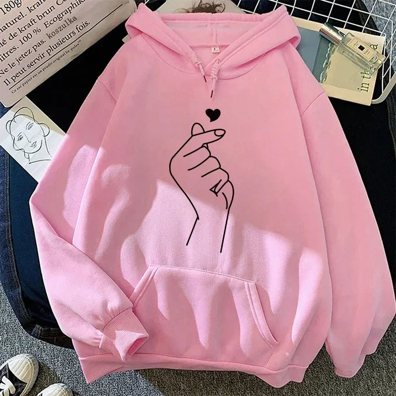 Hand Heart Printed Casual Hoodie Pullover Top