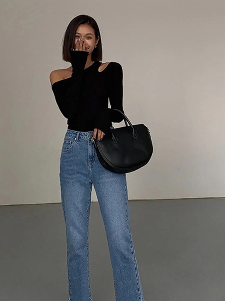 Collar Off-shoulder Long-sleeved T-shirt