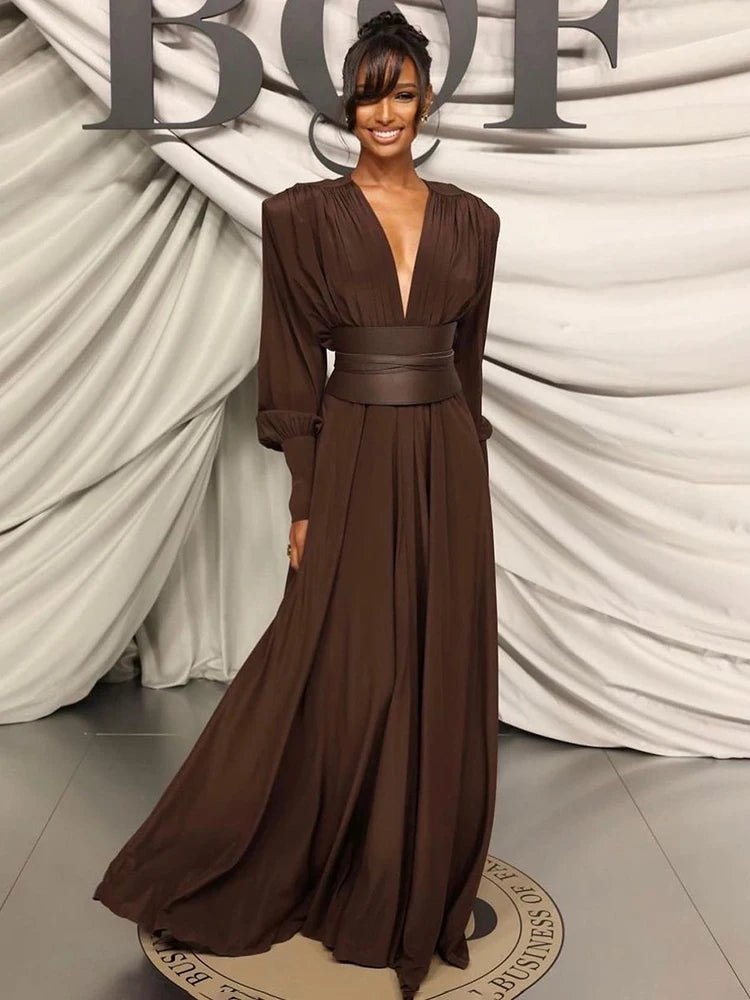 V Neck High Waist Belt Long Sleeves Gown