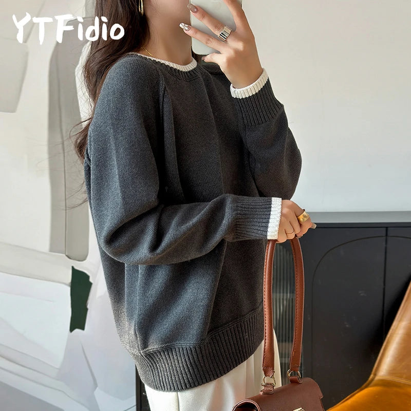O-neck Thick Collar with White Border Pullover Sweater