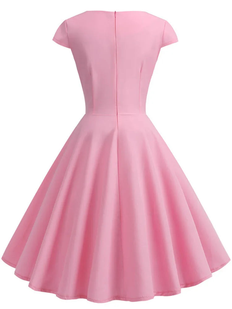 Pink V Neck Vintage Dress
