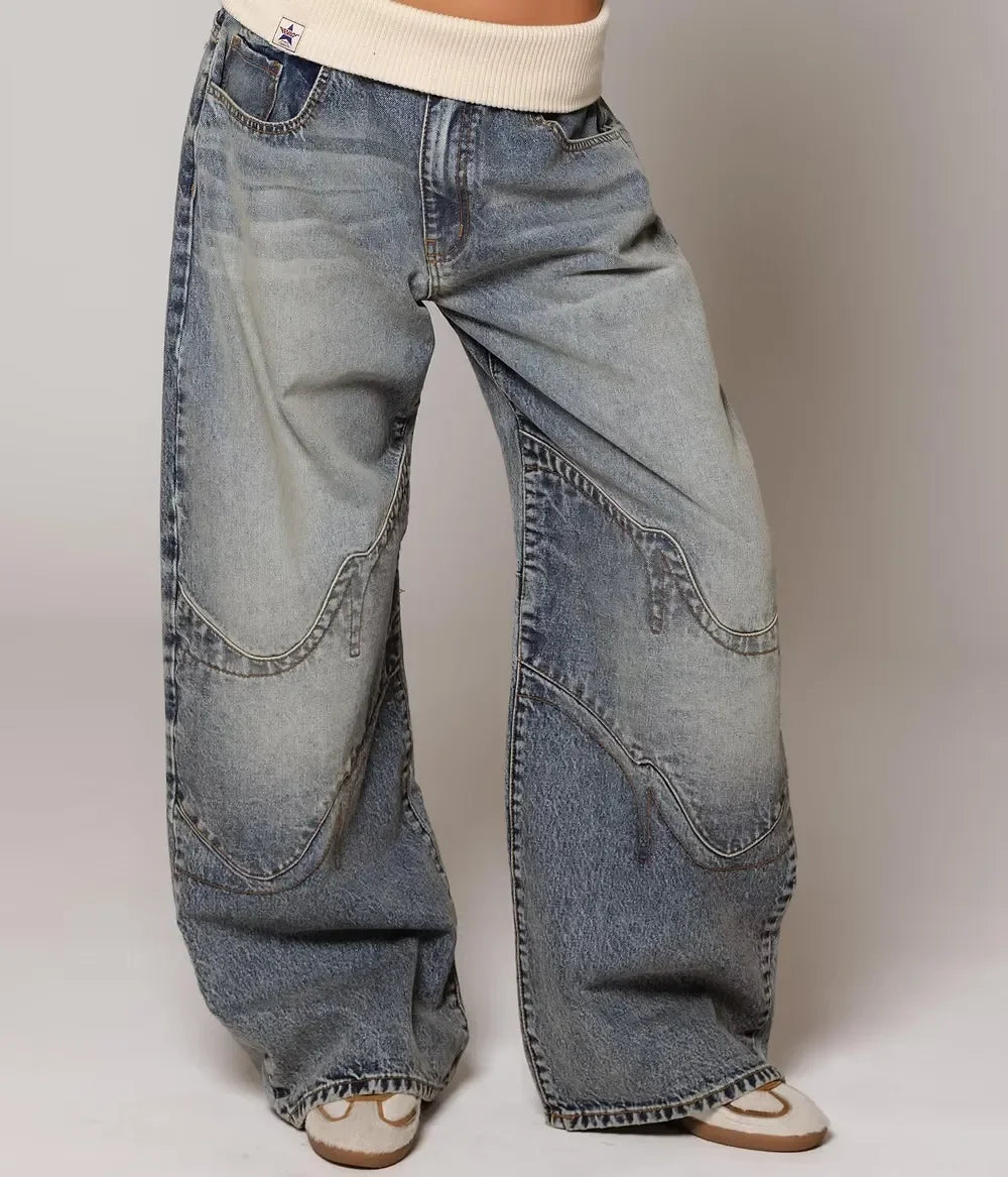 Retro Hip-Hop Patchwork Blue Low Waist Oversize Loose Wide Leg Jean