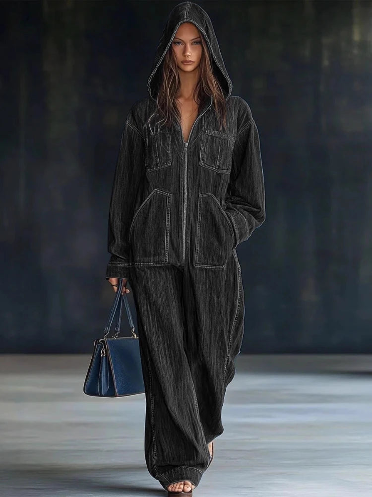 Women Denim Long Sleeve Zipper Wide Jumper-suit