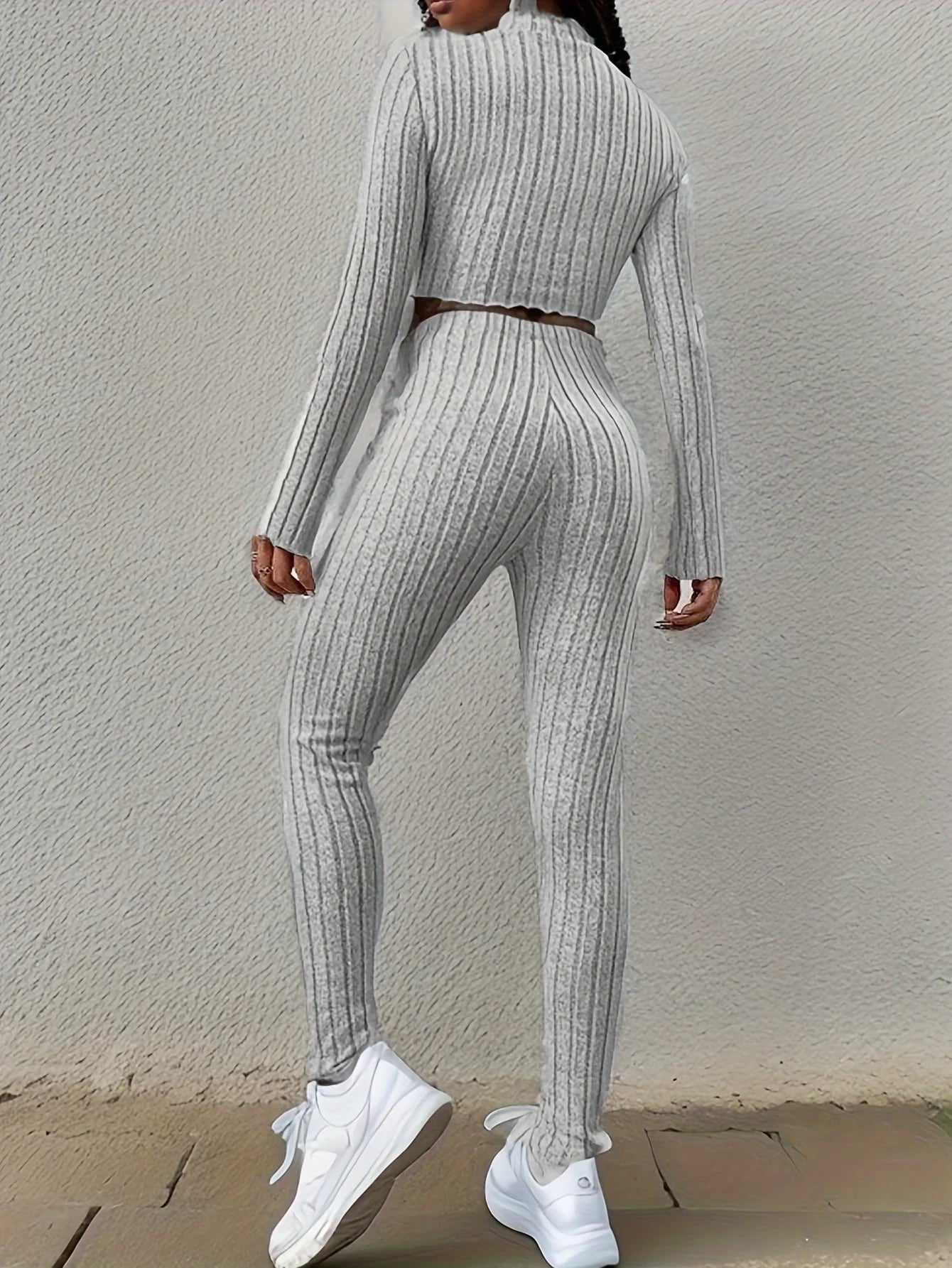 Mocked Neck Casual Ribbed Sweater Two-piece Set