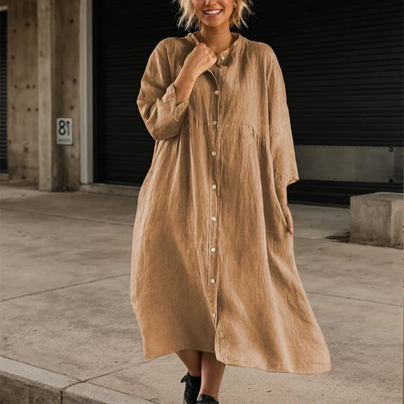 Long Sleeve Button O-neck Loose Dress