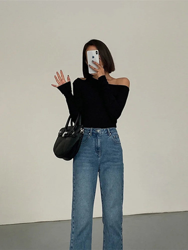Collar Off-shoulder Long-sleeved T-shirt