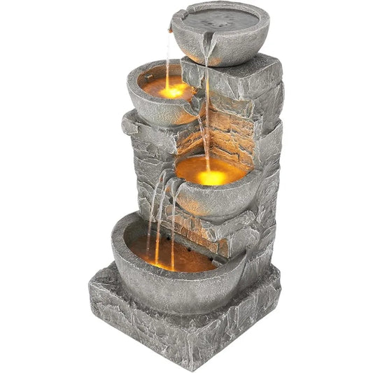 Cascading Bowls and Stacked Stones Outdoor Water Fountain