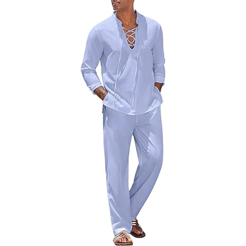 2pcs Men's Cotton Linen Shirt and Pants