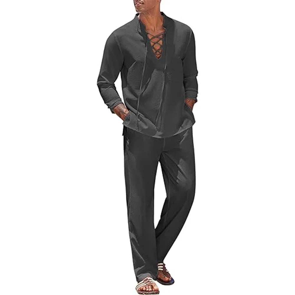 2pcs Men's Cotton Linen Shirt and Pants