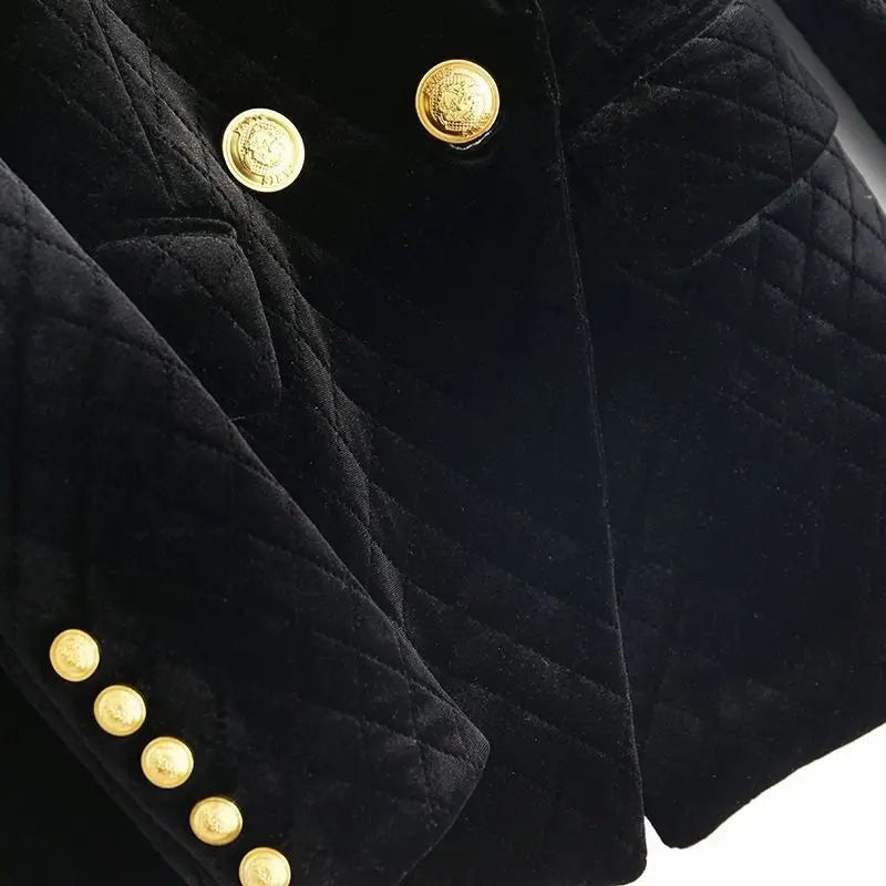 Velvet Black Cotton Double Row Metal Button Blazer