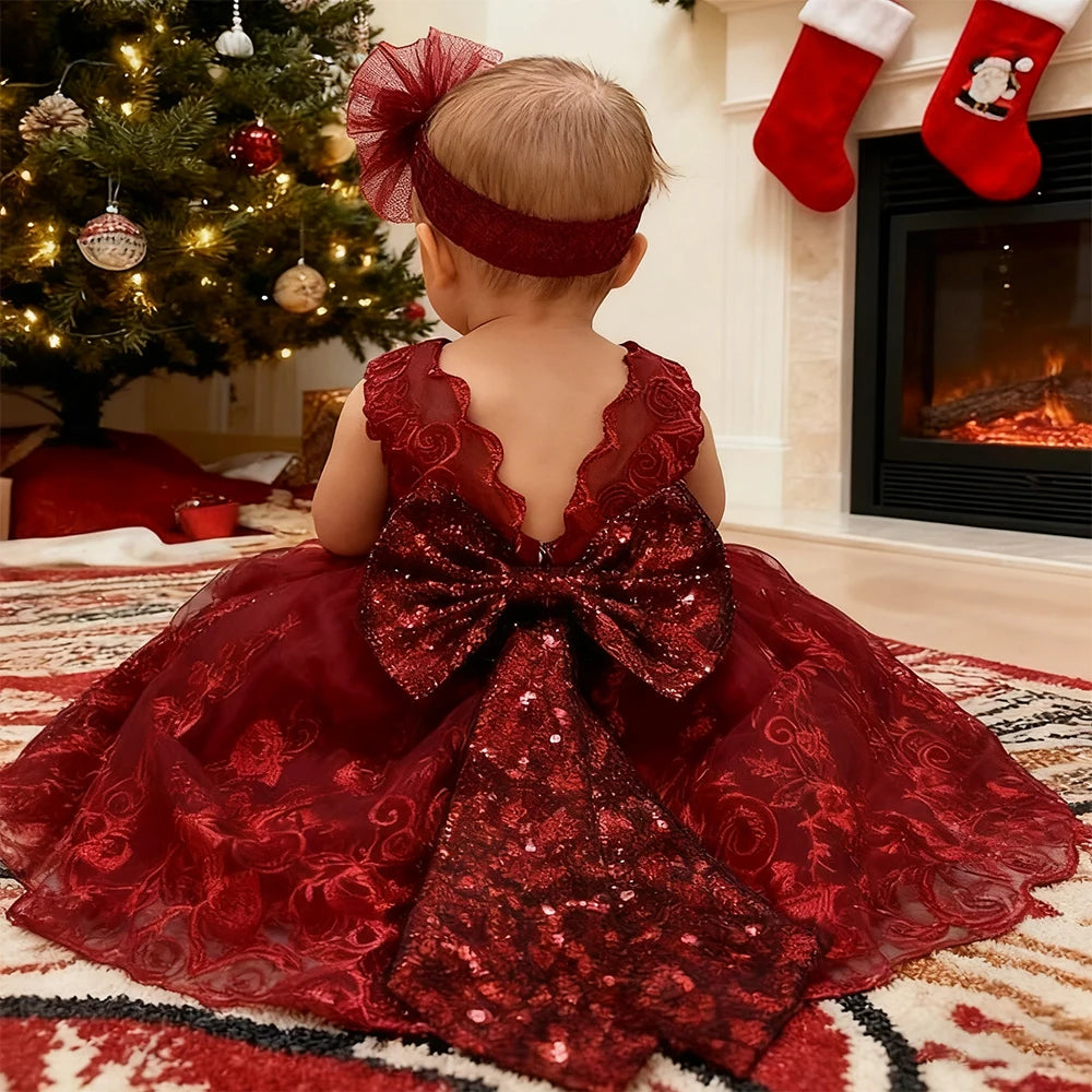 Christmas Big Bow Lace Princess Dress