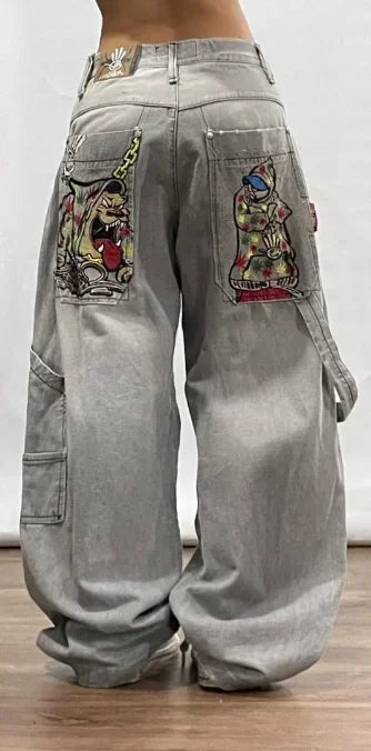 Baggy Red Print Grey Washed Unsex Wide Leg Jean