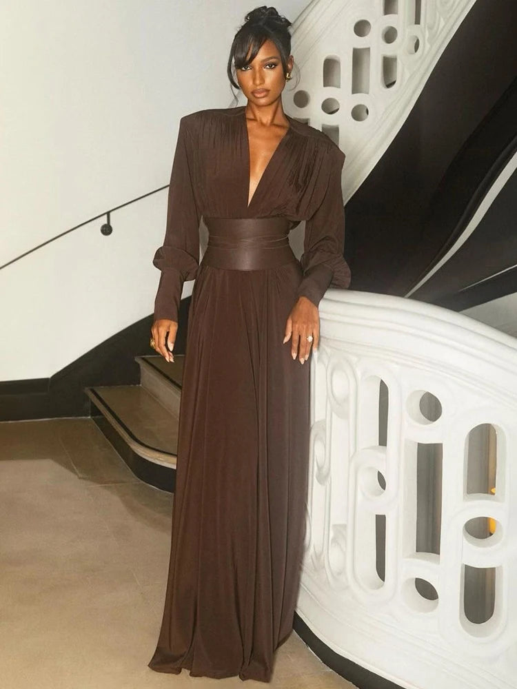 V Neck High Waist Belt Long Sleeves Gown