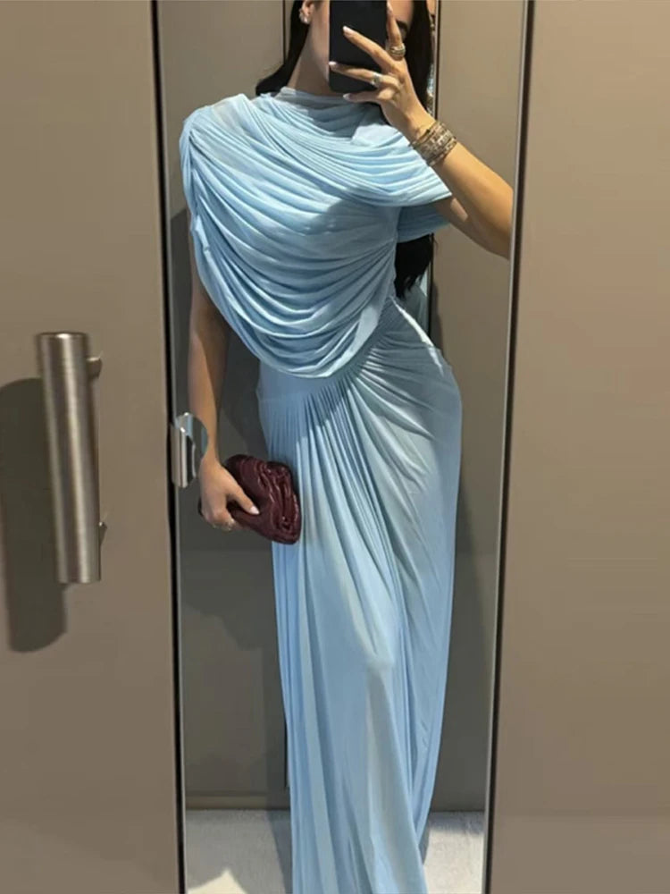 Pleated Wrapped Cape Style Layered Dress