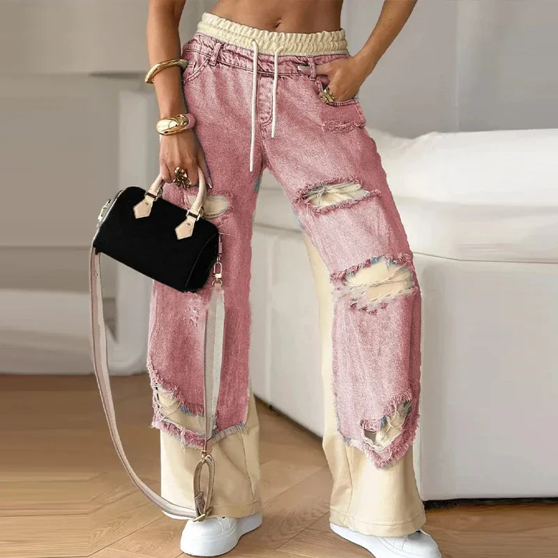 Patchwork Loose Drawstring Low Waist Pockets Jean