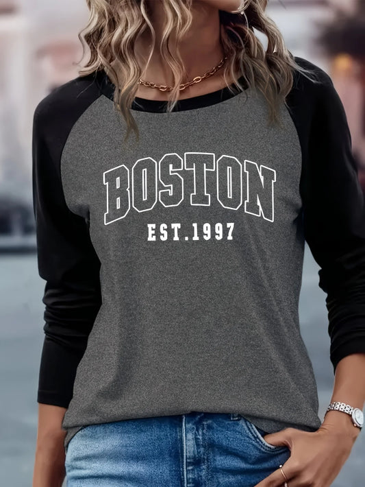 BOSTON Print Crew Neck T shirt Casual Long Autumn winter top women's long sleeved T-shirt loose comfortable black  white