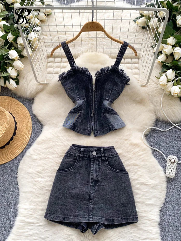 Denim Zipper Mini Two Piece Set