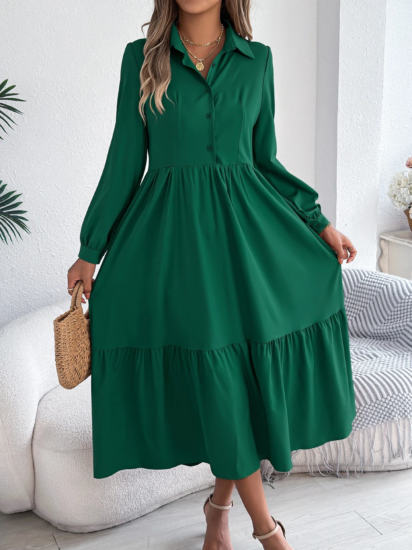 Casual Long Sleeved Mid-calf Dress
