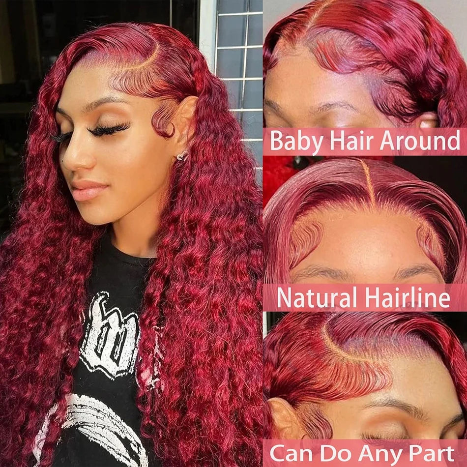 Burgundy 13X4 Curly Colored Deep Wave Frontal Wig