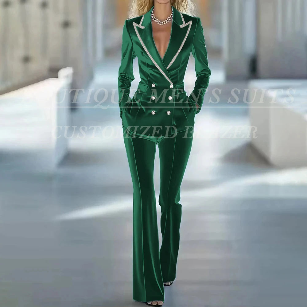 Fashion Women's Suits 2 Piece Jacket Pants Sets Elegant Double Breasted Female Velvet Clothing Office Lady Outfits Costume