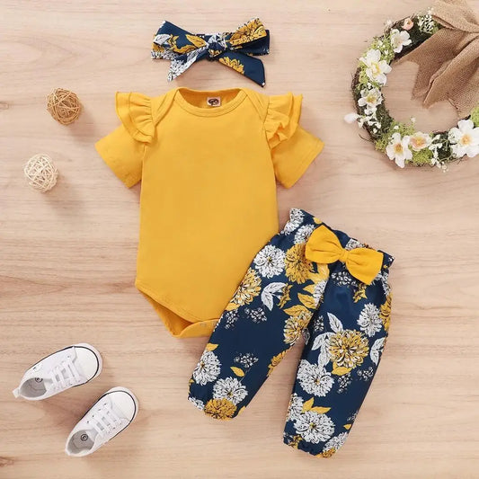 Short Sleeve Shirt +Floral Pants with Bow + Headband 3PCS Outfit
