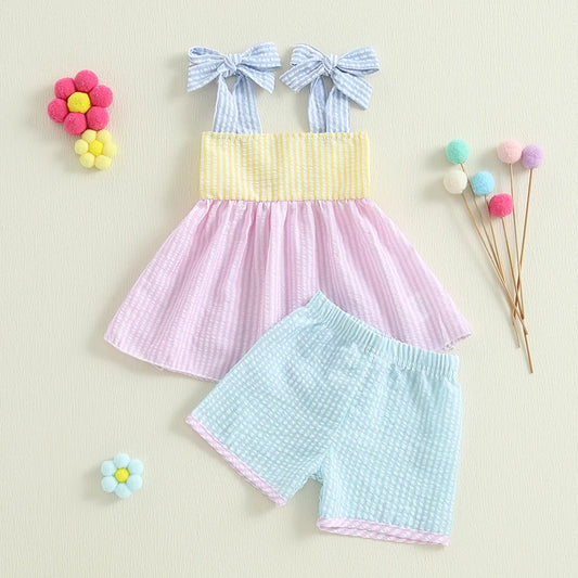 Printed Ruffle Sleeve Top & Denim Short Set