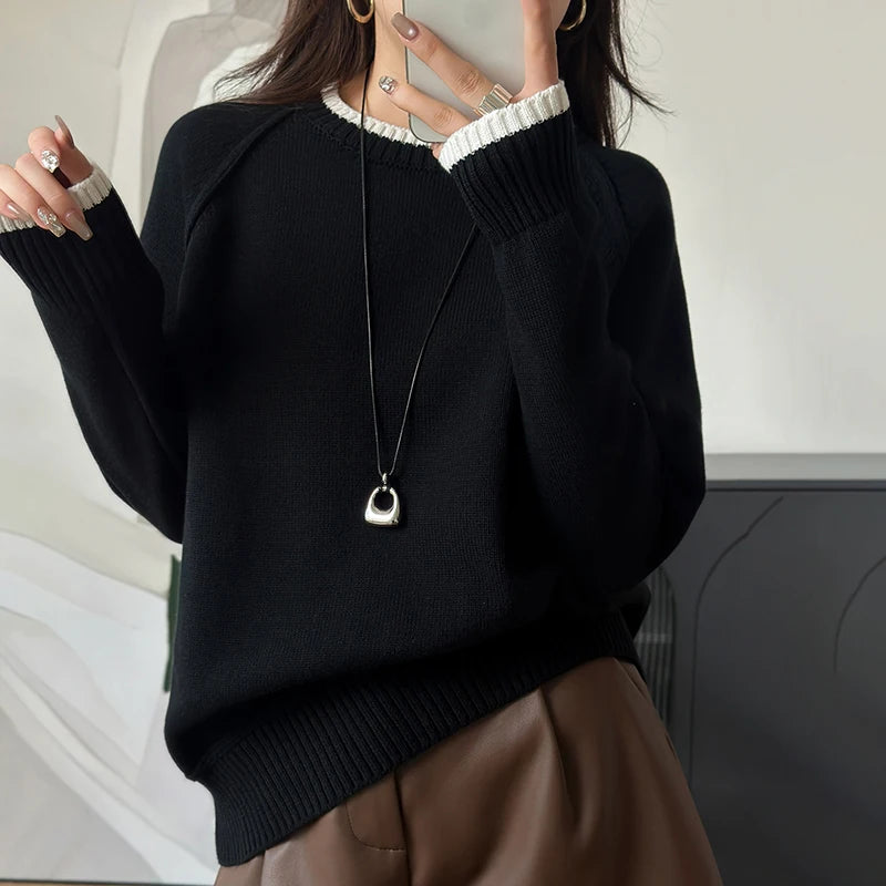 O-neck Thick Collar with White Border Pullover Sweater