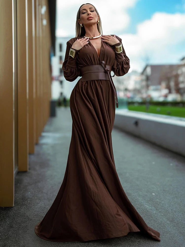 V Neck High Waist Belt Long Sleeves Gown