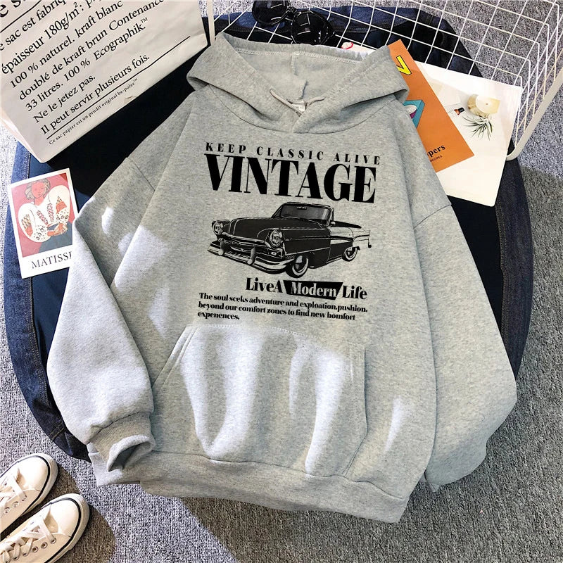 Vintage Car Retro Casual Graphic Print Hoodie