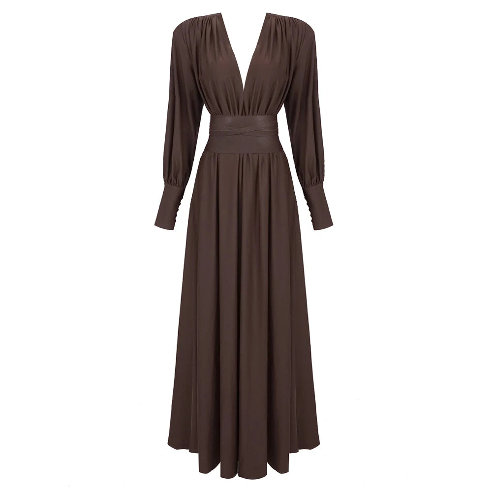 V Neck High Waist Belt Long Sleeves Gown