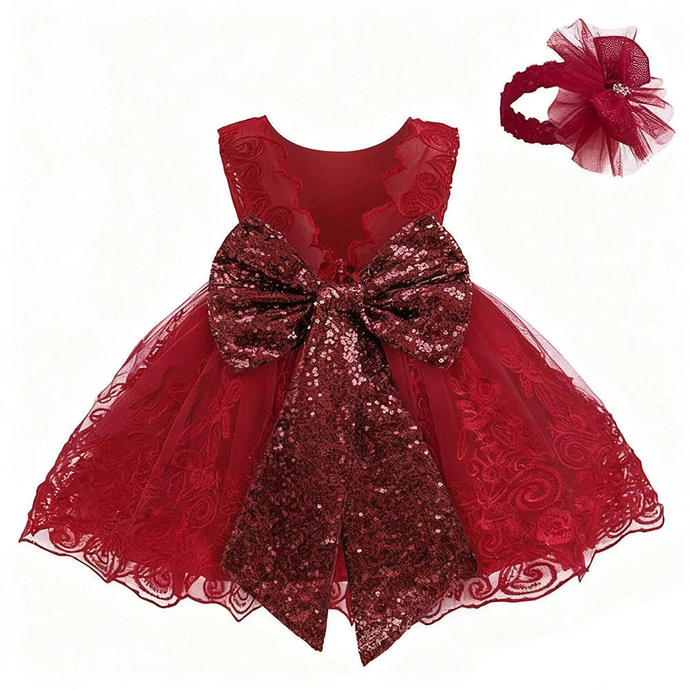 Christmas Big Bow Lace Princess Dress